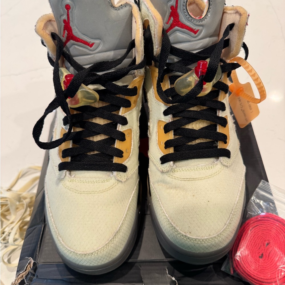 Jordan High-Top Sneakers in Cream, Black & Red Accents "OFF WHITE" Jordan 5
